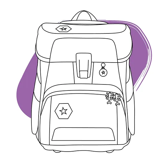 Strichzeichnung des Schulranzens SPACE vor lila Klecks mit dem Text Der große Schulranzen