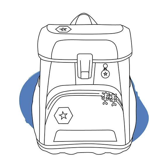 Strichzeichnung des Schulranzens CLOUD vor blauem Klecks mit dem Text Der leichte Schulranzen