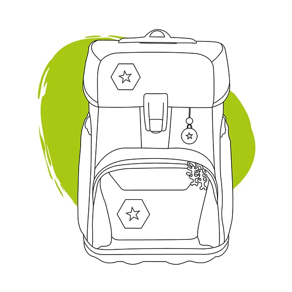 Strichzeichnung des Schulranzens GIANT vor grünem Klecks mit dem Text Der große Schulranzen